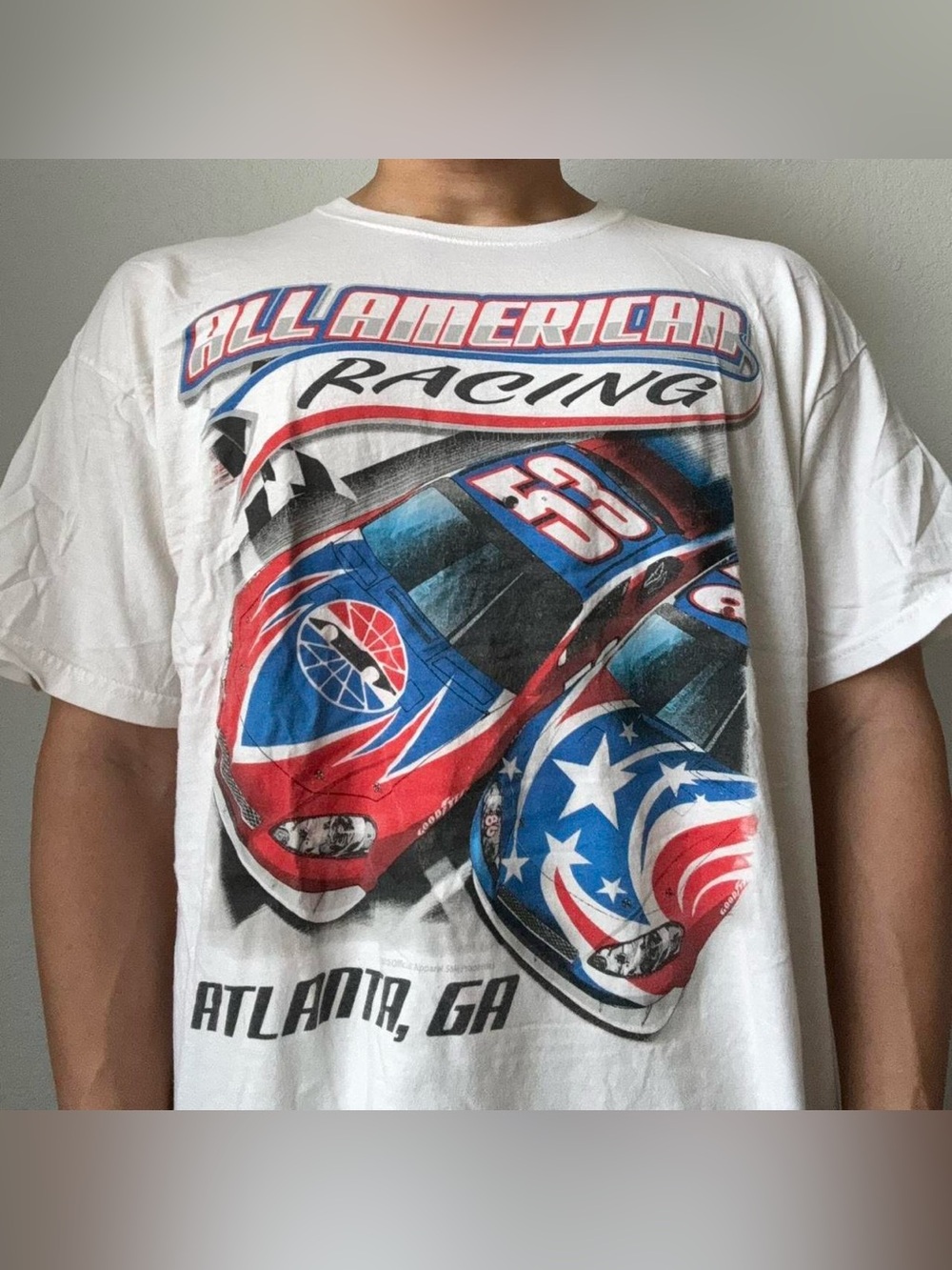 Vintage 2000s All American Nascar Racing AOP Graphics White Tee Shirt